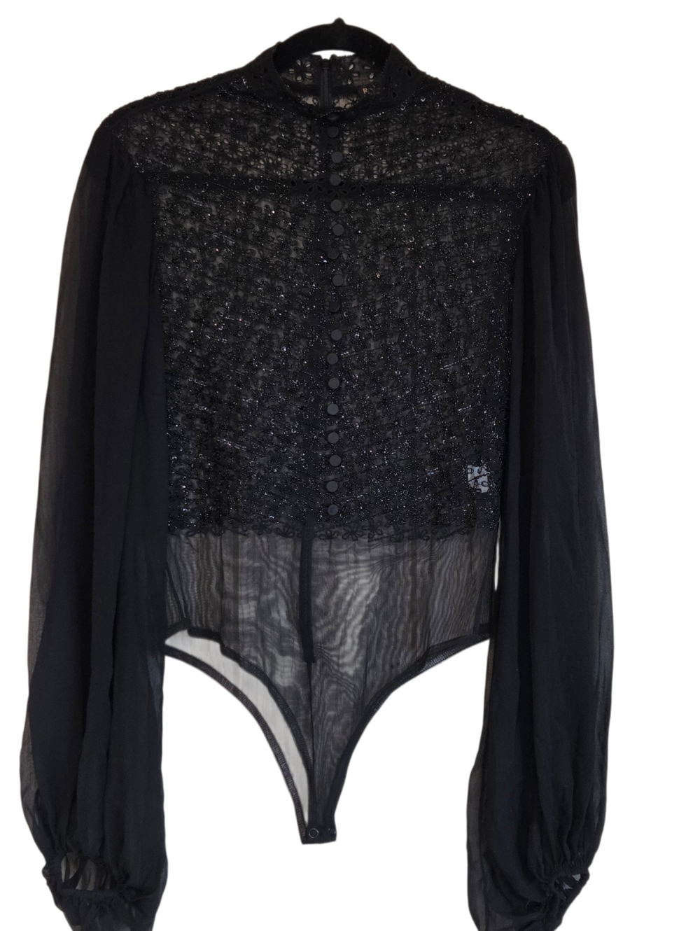 Reem Acra Sheer Black Beaded Lace Bodysuit Will Bell Sleeves Size Medium